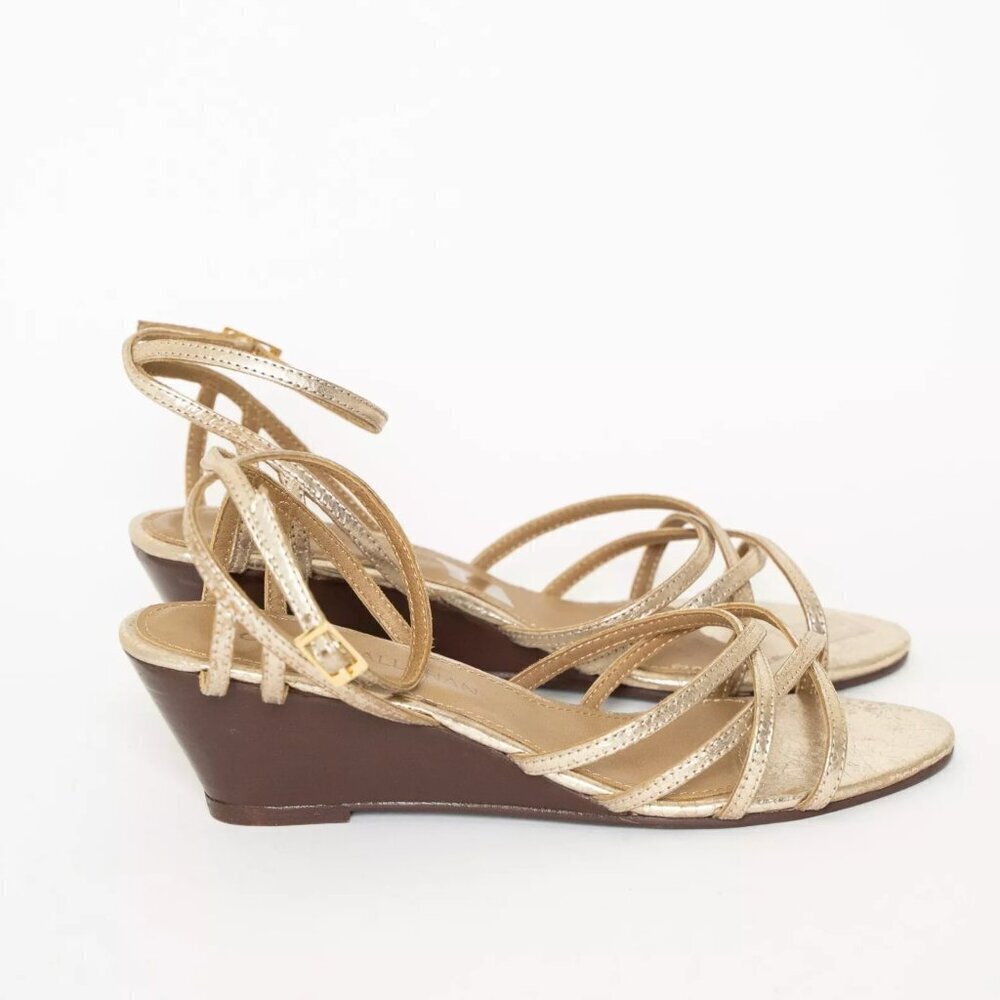 Caron Callahan Sandals Leather Gold Metallic Strappy Wedge Heel Estie - Picture 5 of 15